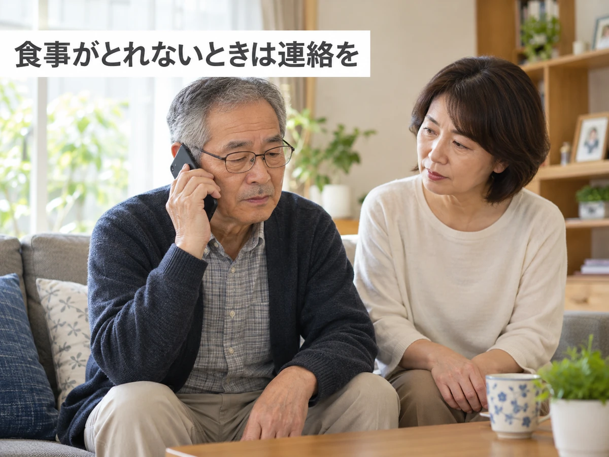 食事がとれないときの連絡を促す言葉とともに電話する高齢男性と家族の写真