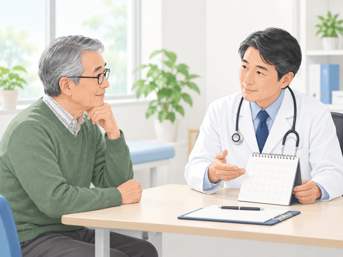 医師と高齢の男性がカレンダーを見ながら経過観察について相談するイラスト