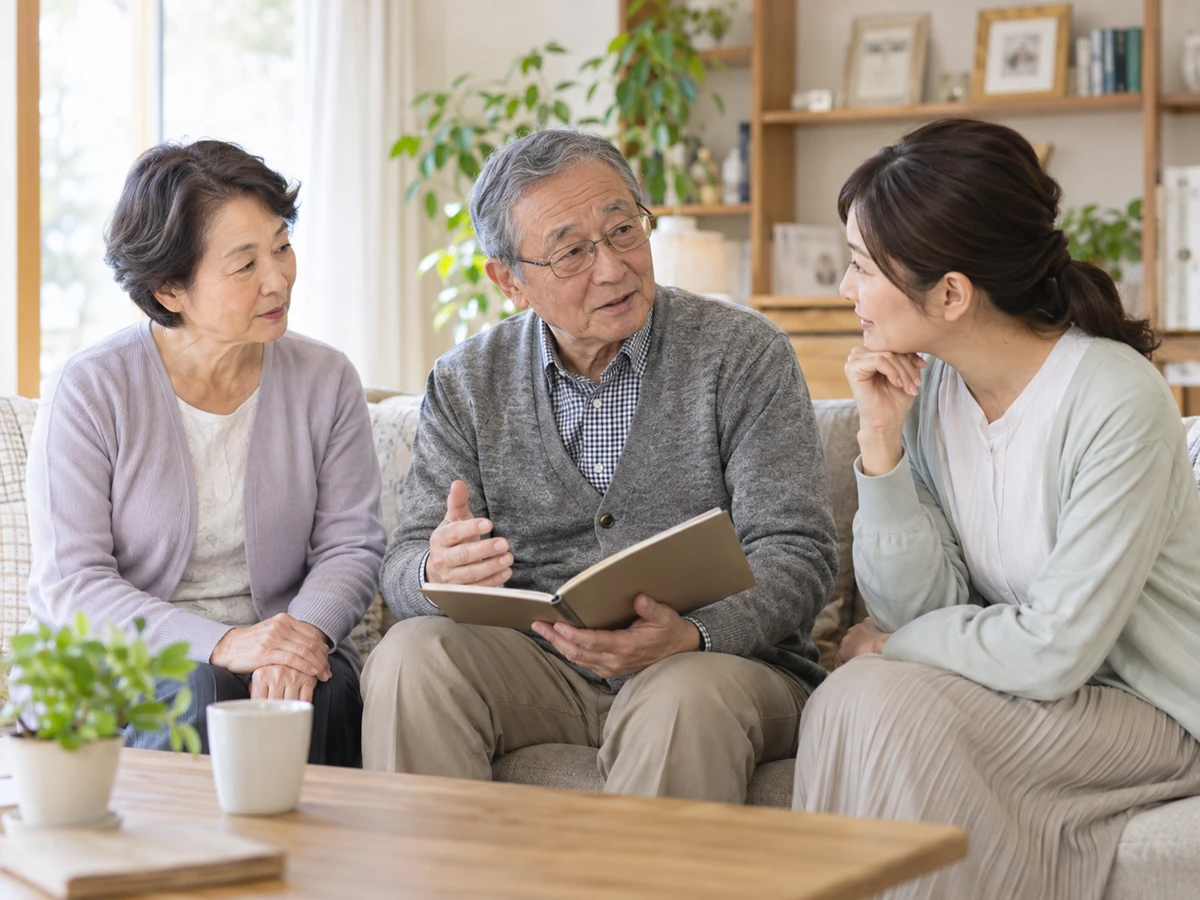 ノートを手にした男性の話を家族が落ち着いて聞くイメージ