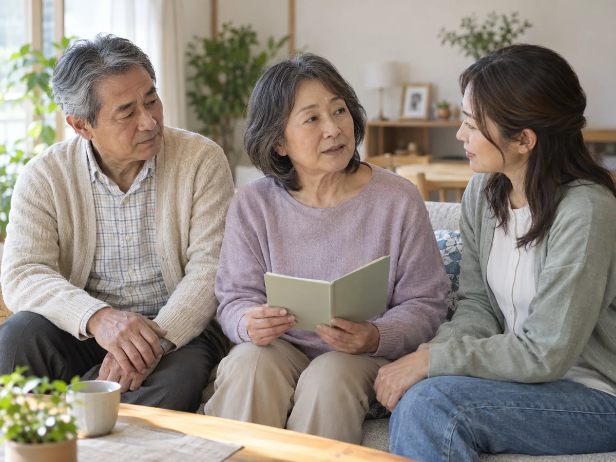 自宅で家族と話しながらノートを確認する高齢女性