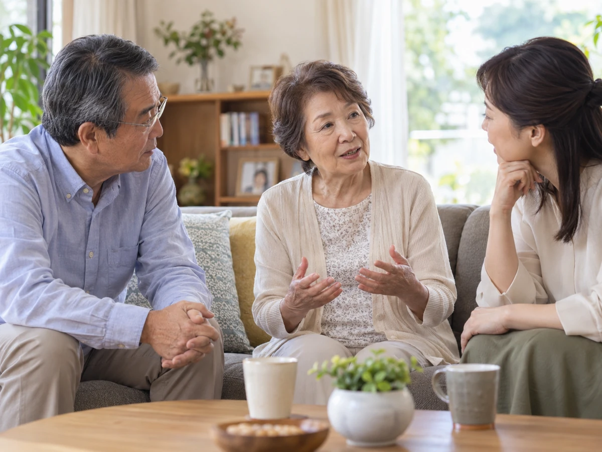 自宅のソファで夫と娘に自身の思いを話す女性