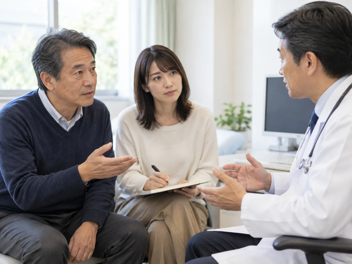 女性がノートを取りながら、男性と一緒に医師へ相談する様子