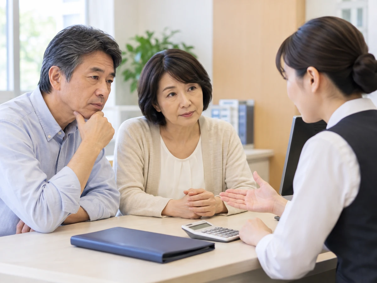 夫婦が電卓のある窓口で担当者に相談している。