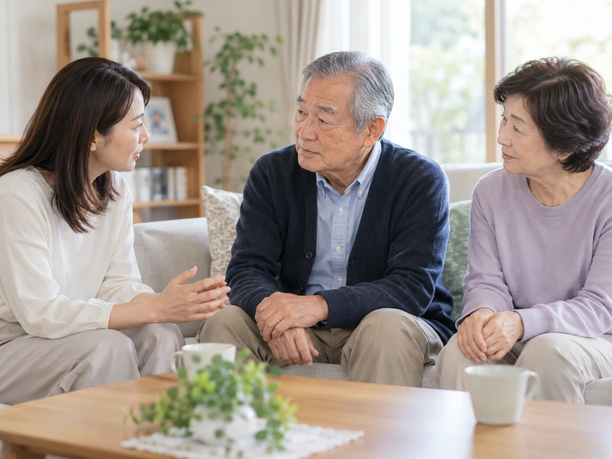 自宅で家族の話に耳を傾けながら希望を伝える年配の男性