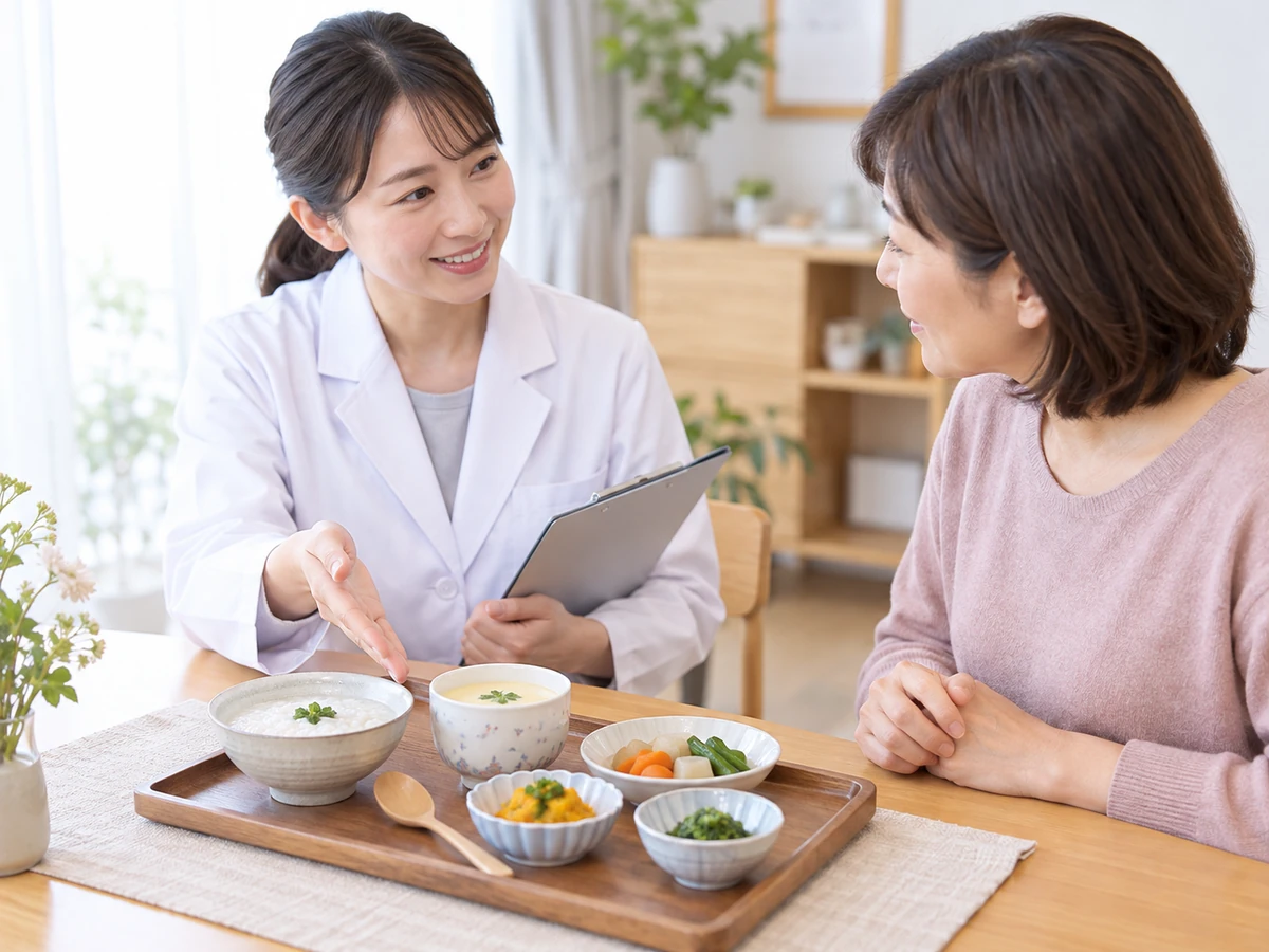 おかゆなどの食事を前に栄養担当者へ相談する女性の写真