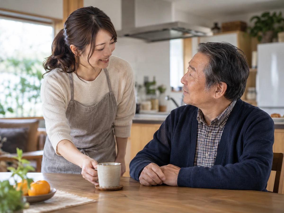 自宅で娘が年配の父親に飲み物を差し出しながら話している様子