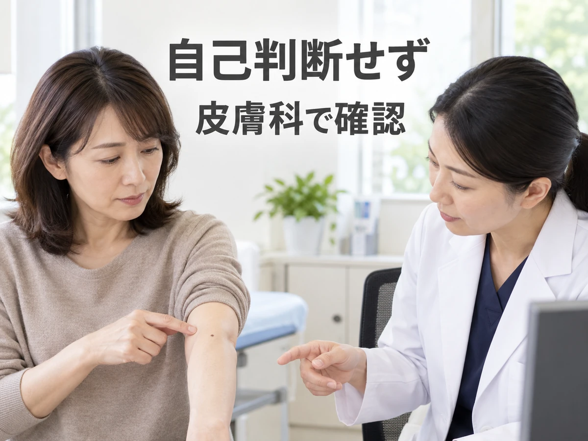 女性が腕のほくろを医師に見せ、自己判断せず皮膚科で確認するよう案内している。