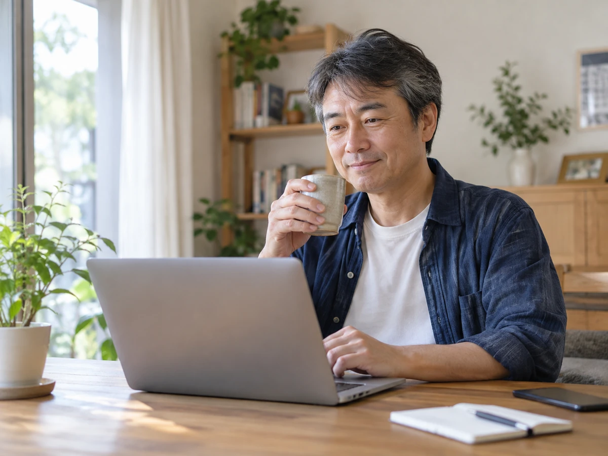 自宅でノートパソコンを使い、飲み物を手に休憩する男性