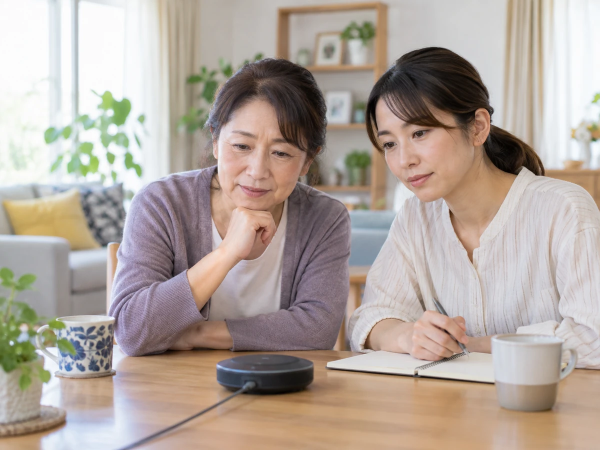 自宅で女性患者と家族が電話のスピーカーを使って相談し、ノートに内容を記録している写真。