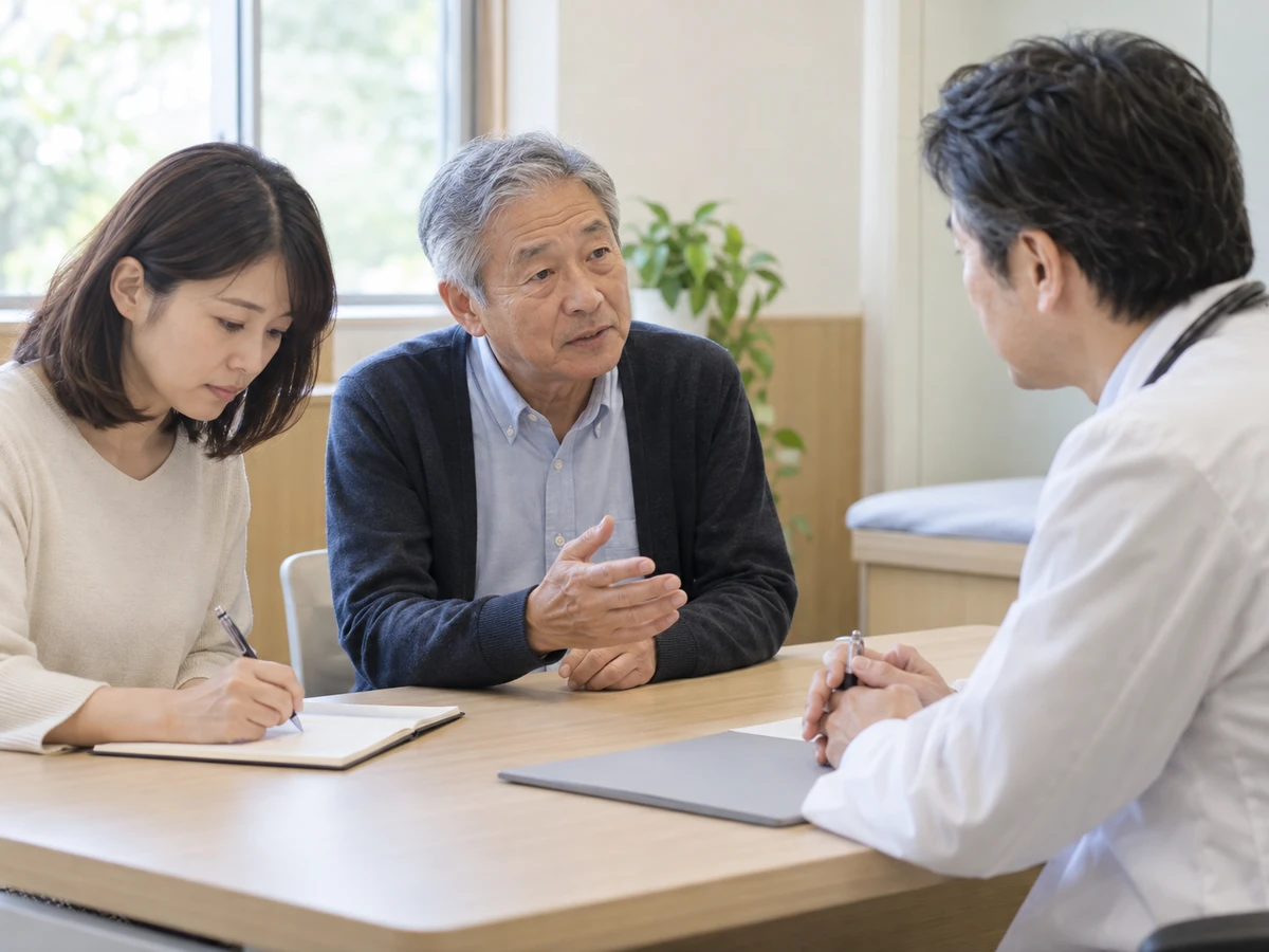 家族がメモを取りながら、高齢の男性と一緒に医師の説明を聞く様子