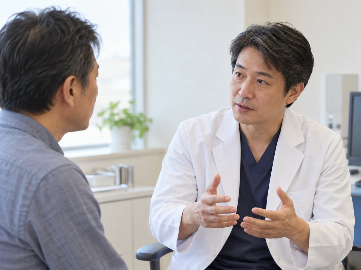 男性が診察室で医師の説明を聞いている。