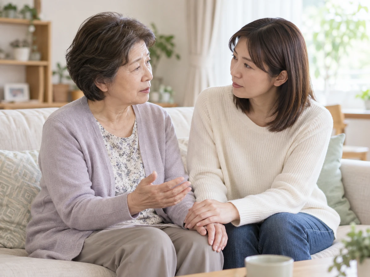 自宅のソファで母親と娘が向き合い、娘が母親の手に手を重ねて話を聞いている。